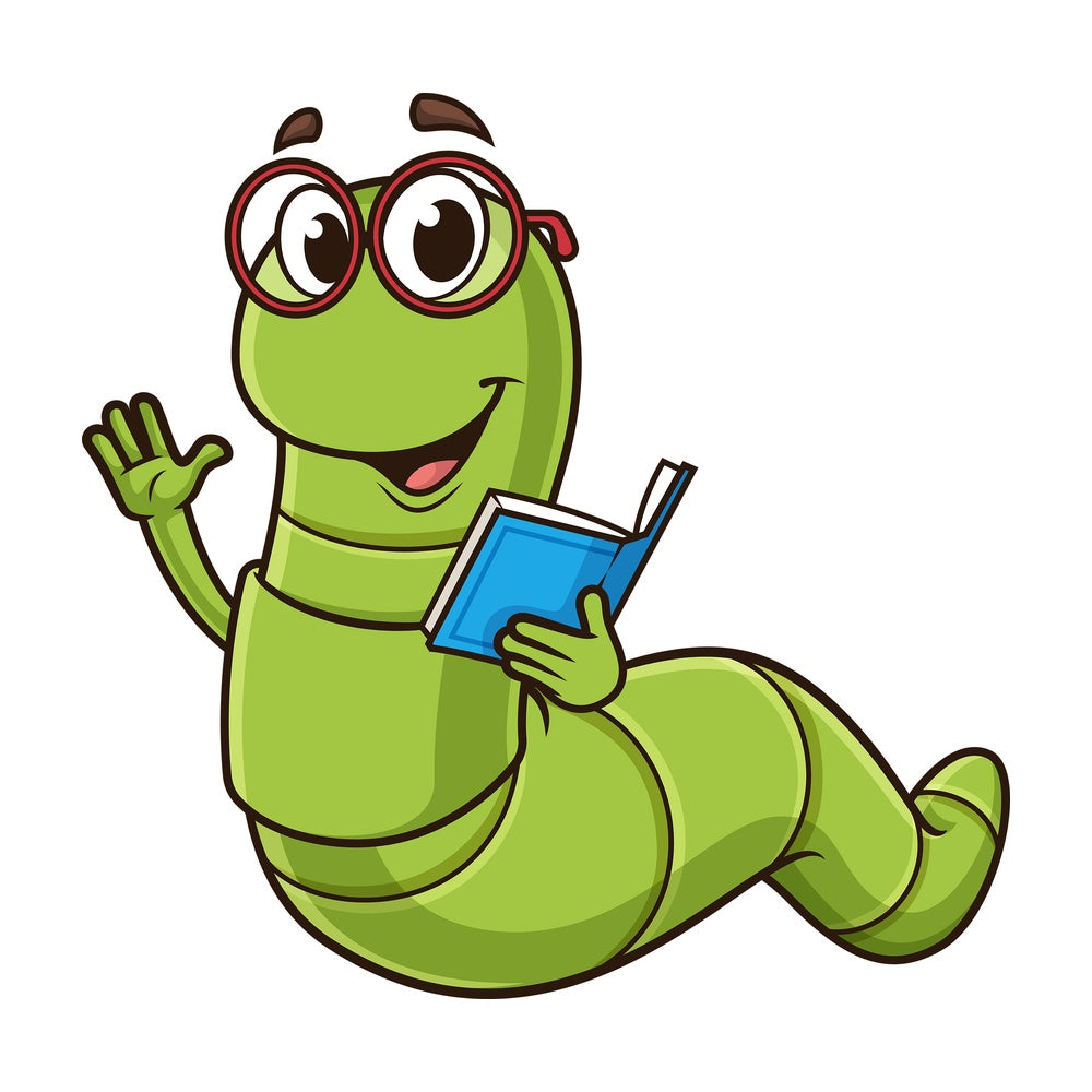 Friendly bookworm waving. PNG - JPG and vector EPS (infinitely scalable).