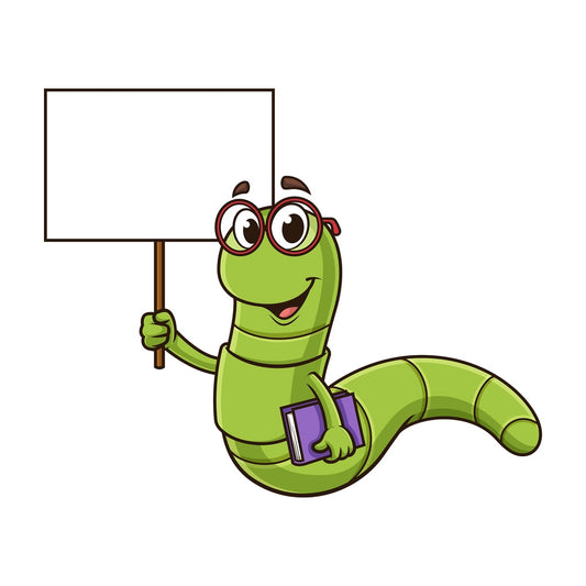 Bookworm holding blank sign. PNG - JPG and vector EPS (infinitely scalable).