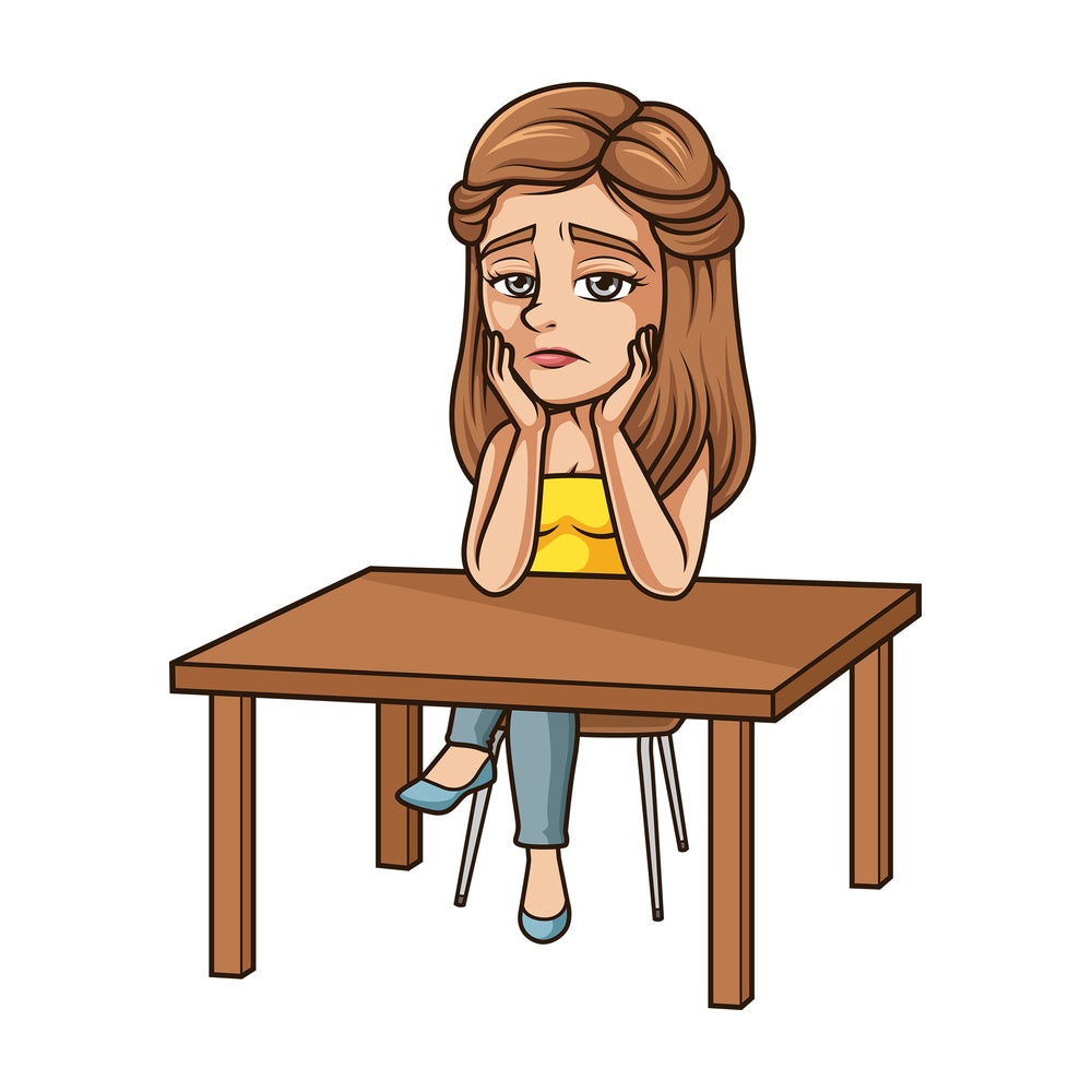 Sad woman sitting on desk. PNG - JPG and vector EPS (infinitely scalable).