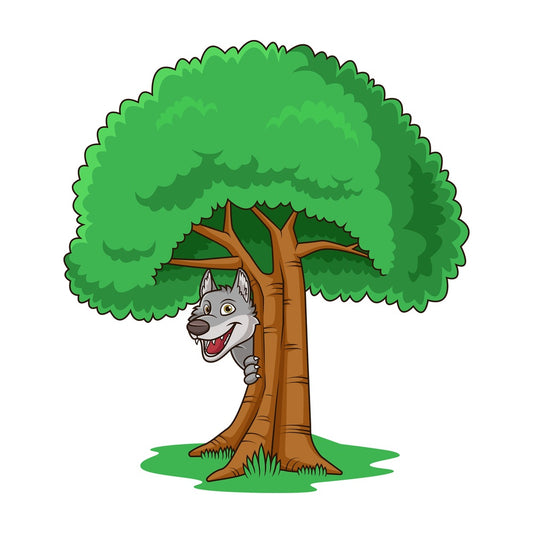 Cunning wolf hiding behind tree. PNG - JPG and vector EPS (infinitely scalable).