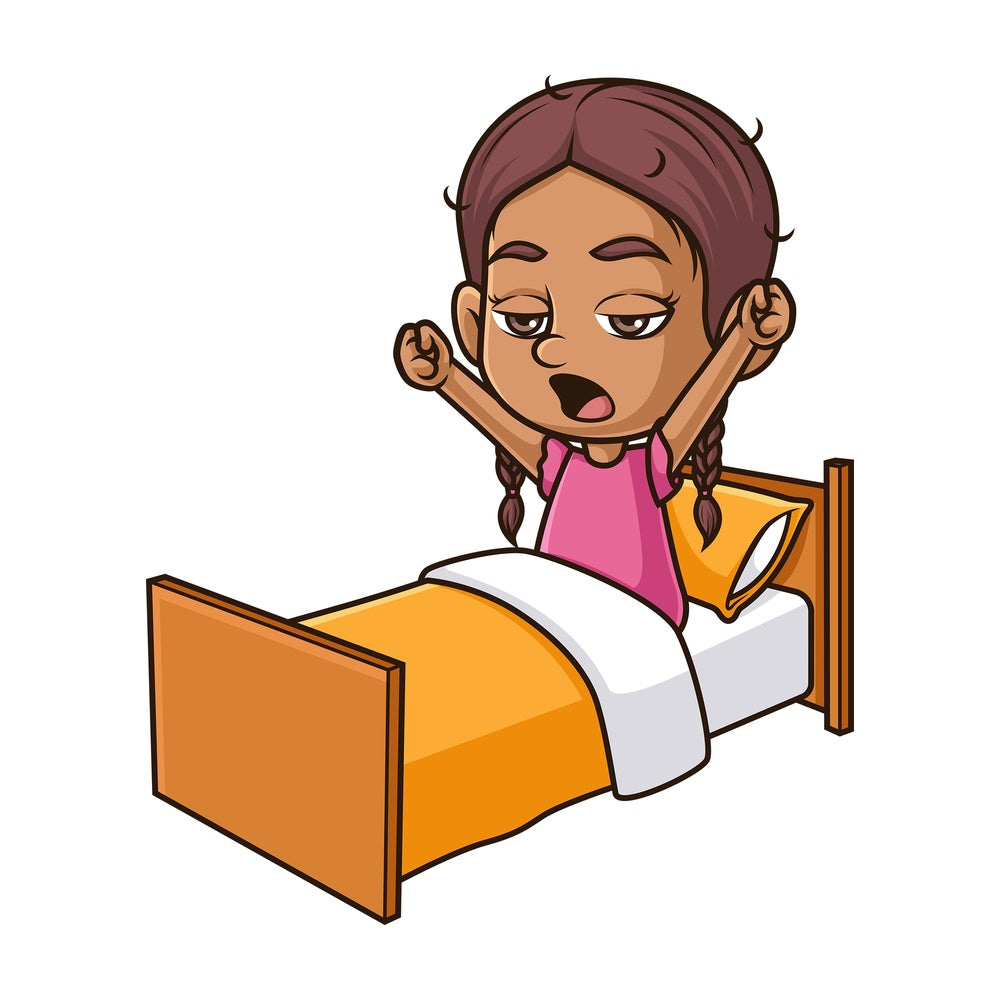 Hispanic girl yawning in bed. PNG - JPG and vector EPS (infinitely scalable).
