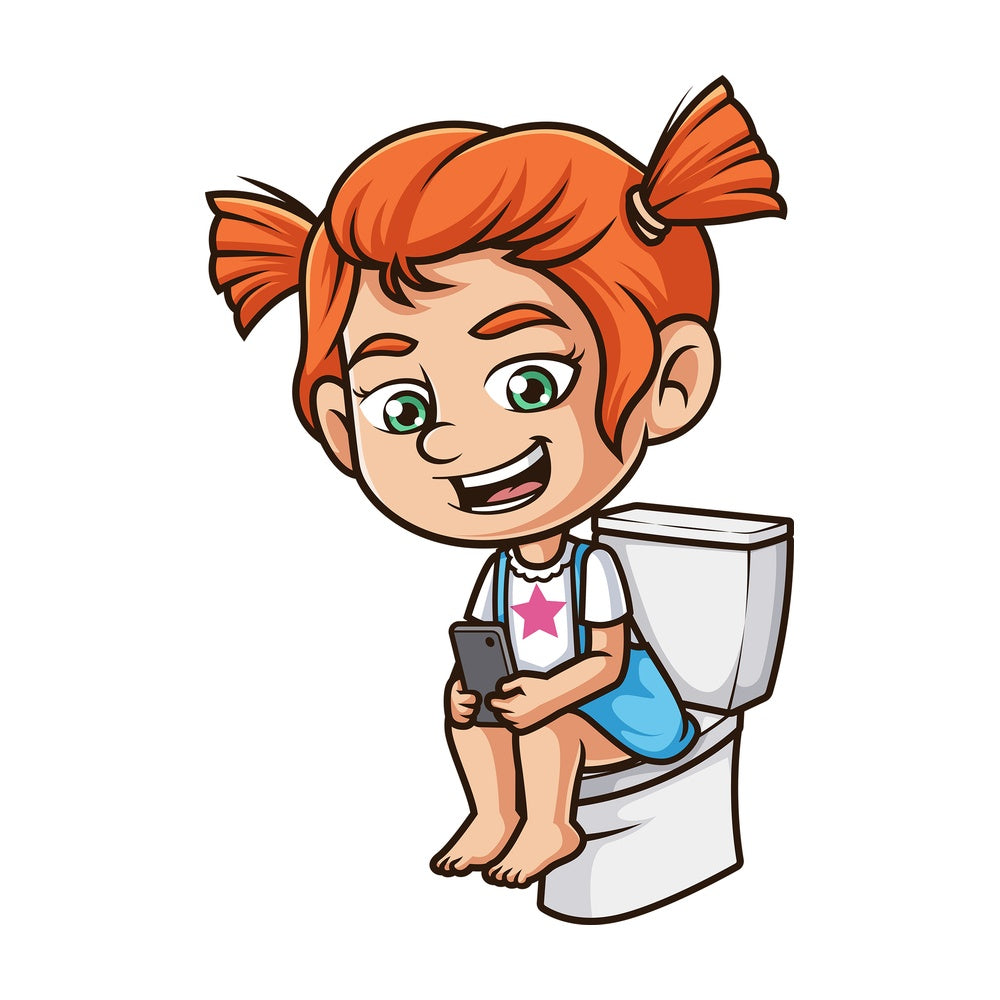 Ginger girl texting while on toilet. PNG - JPG and vector EPS (infinitely scalable).
