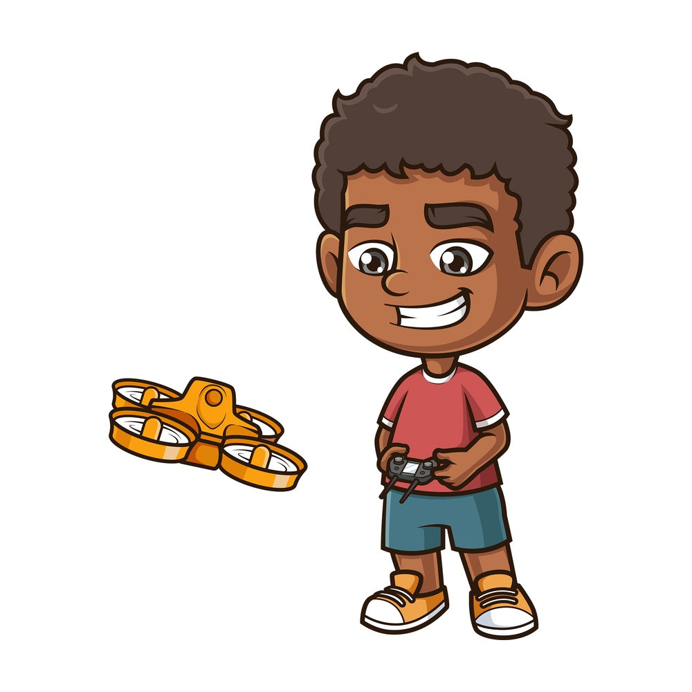 Black boy flying drone. PNG - JPG and vector EPS (infinitely scalable).