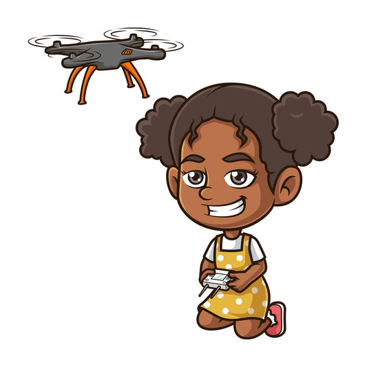 Black girl flying drone. PNG - JPG and vector EPS (infinitely scalable).