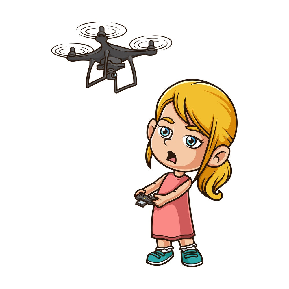 Caucasian girl flying drone. PNG - JPG and vector EPS (infinitely scalable).