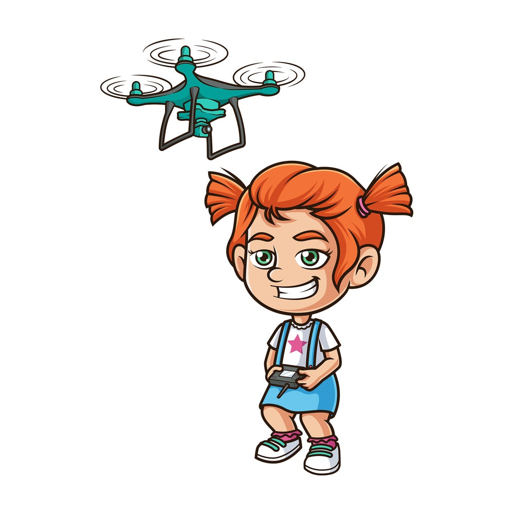 Ginger girl flying drone. PNG - JPG and vector EPS (infinitely scalable).