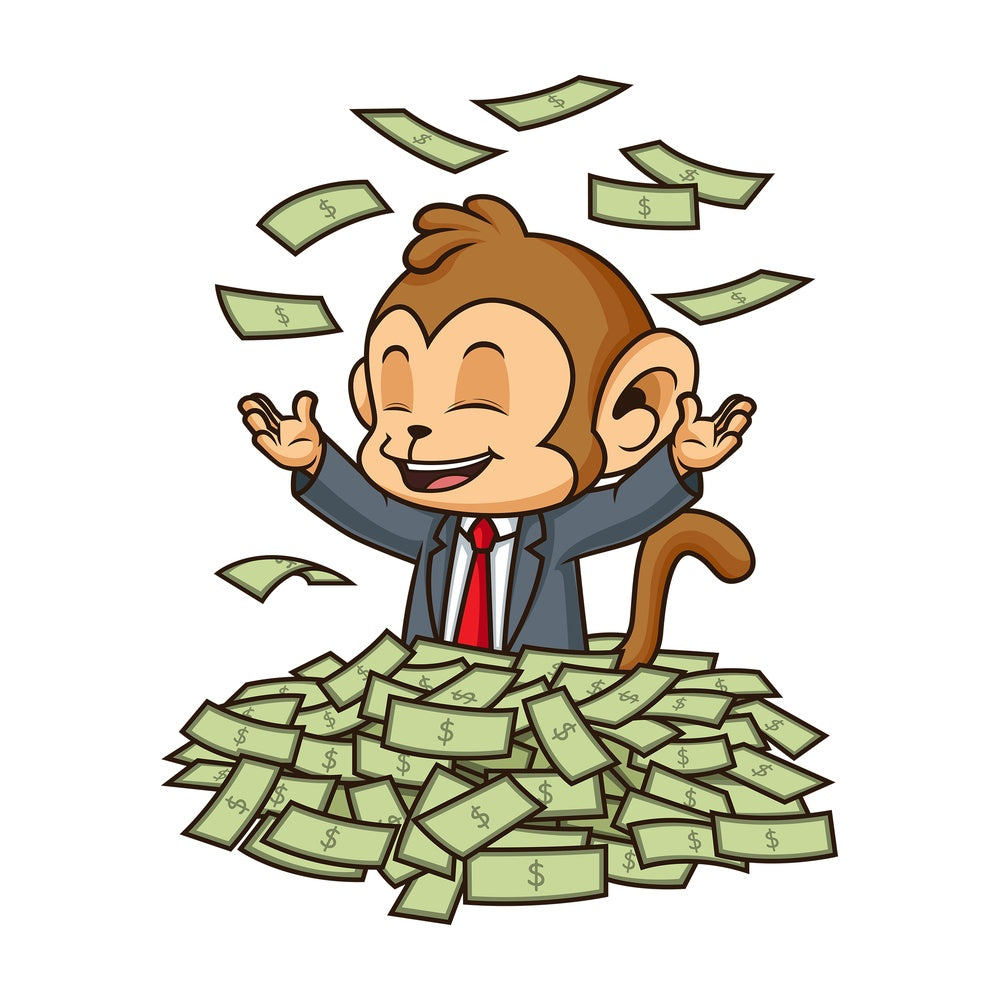 Monkey businessman in money pile. PNG - JPG and vector EPS (infinitely scalable).