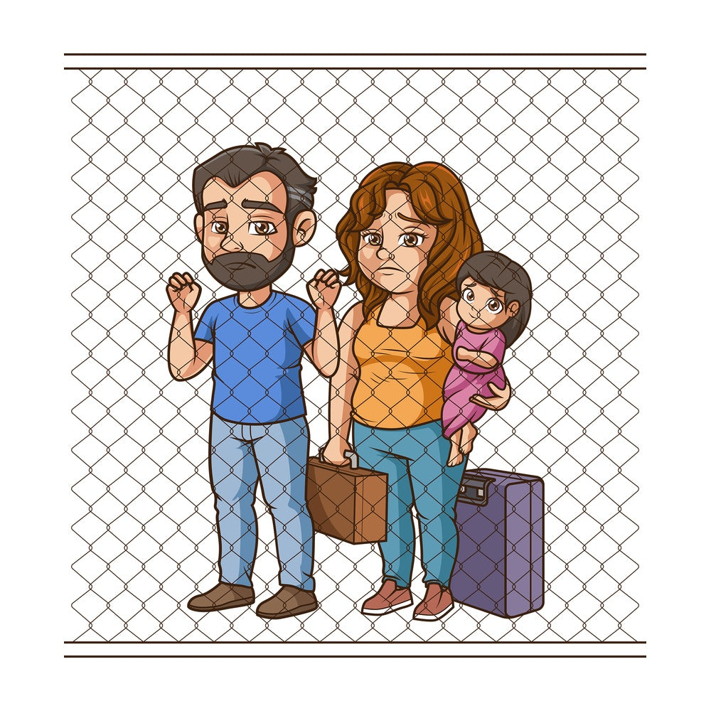 Refugees behind border fence. PNG - JPG and vector EPS (infinitely scalable).
