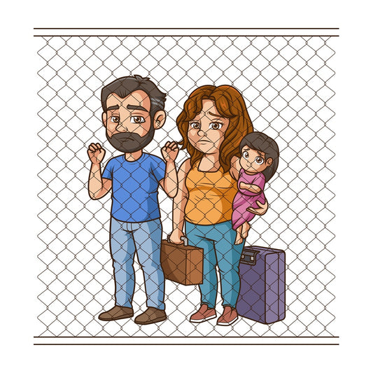 Refugees behind border fence. PNG - JPG and vector EPS (infinitely scalable).