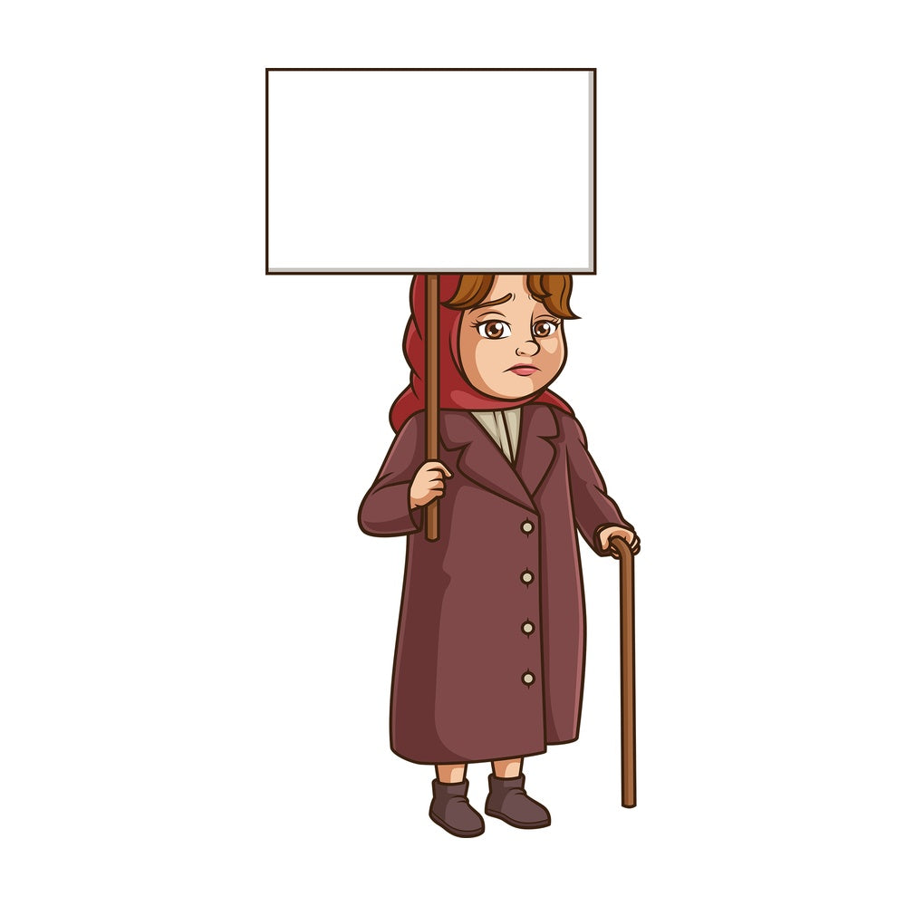 Female refugee holding blank sign. PNG - JPG and vector EPS (infinitely scalable).