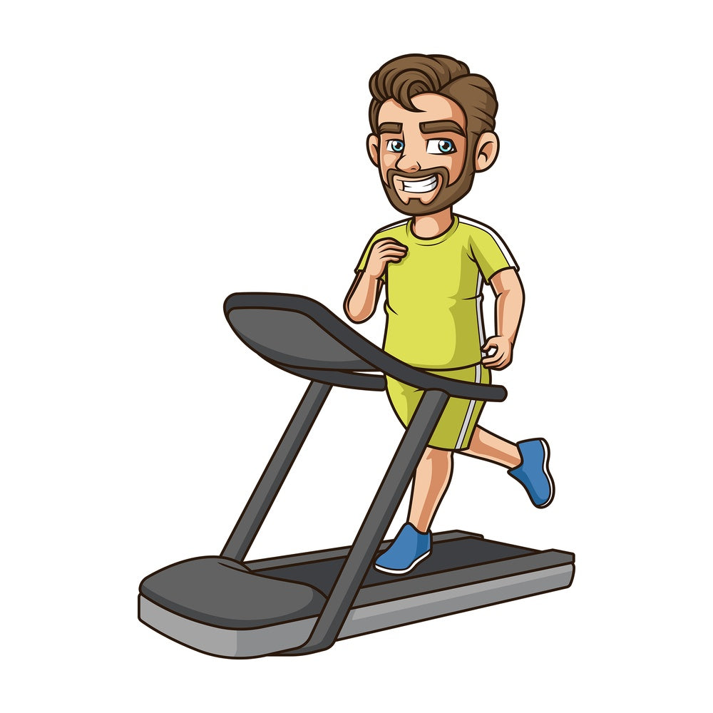 Cheerful guy running on treadmill. PNG - JPG and vector EPS (infinitely scalable).