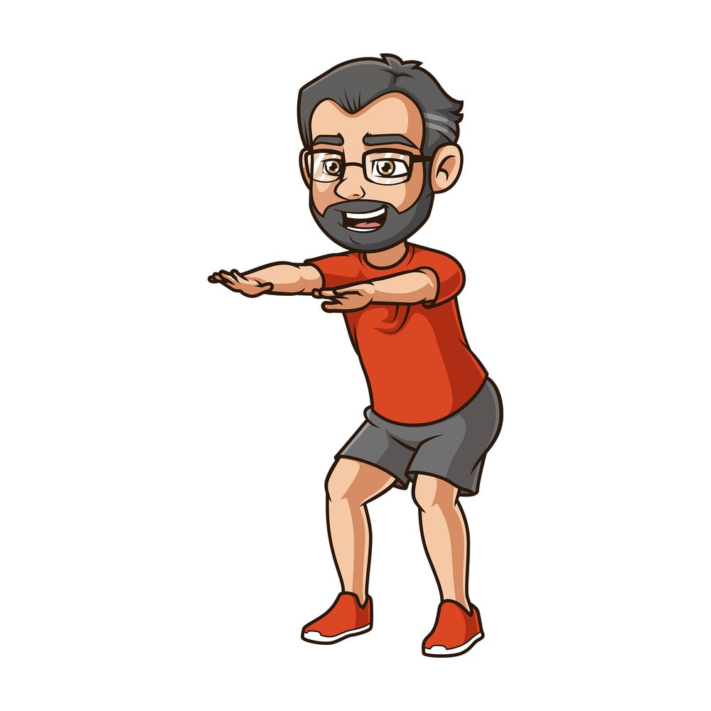 Middle-Aged man doing squats. PNG - JPG and vector EPS (infinitely scalable).