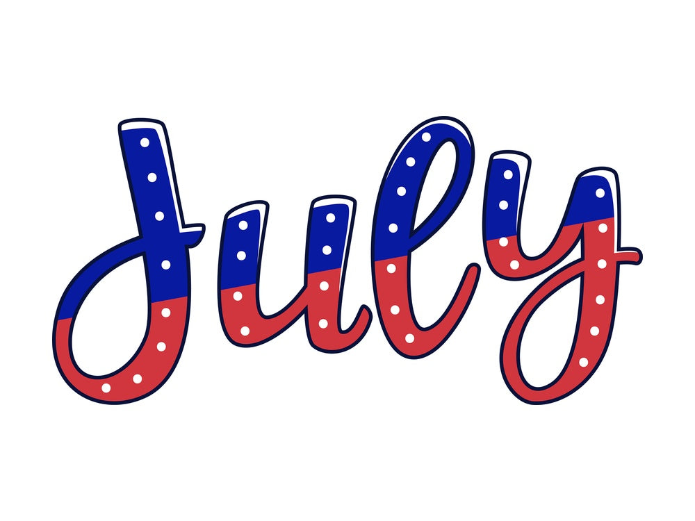 Text doodle july. PNG - JPG and vector EPS file formats (infinitely scalable). Image isolated on transparent background.