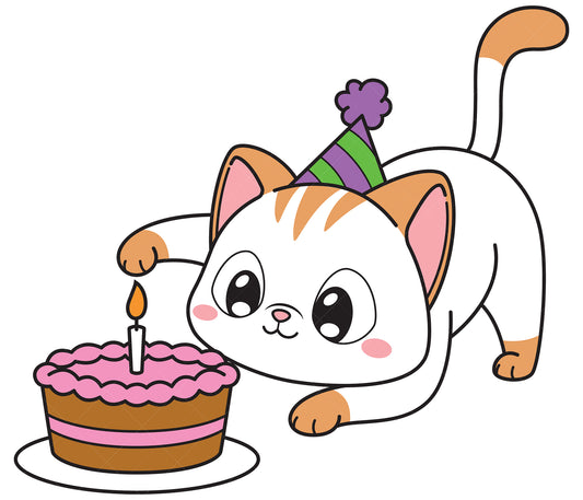 Royalty-free vector illustration of a birthday cat playing with its cake.