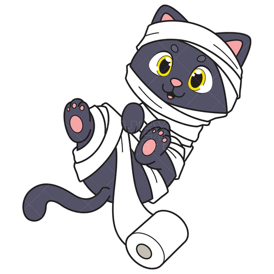 Royalty-free vector illustration of a cute cat tangled in toilet paper.