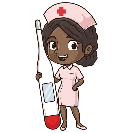 Royalty-free stock vector illustration of a female african-american nurse holding thermometer.