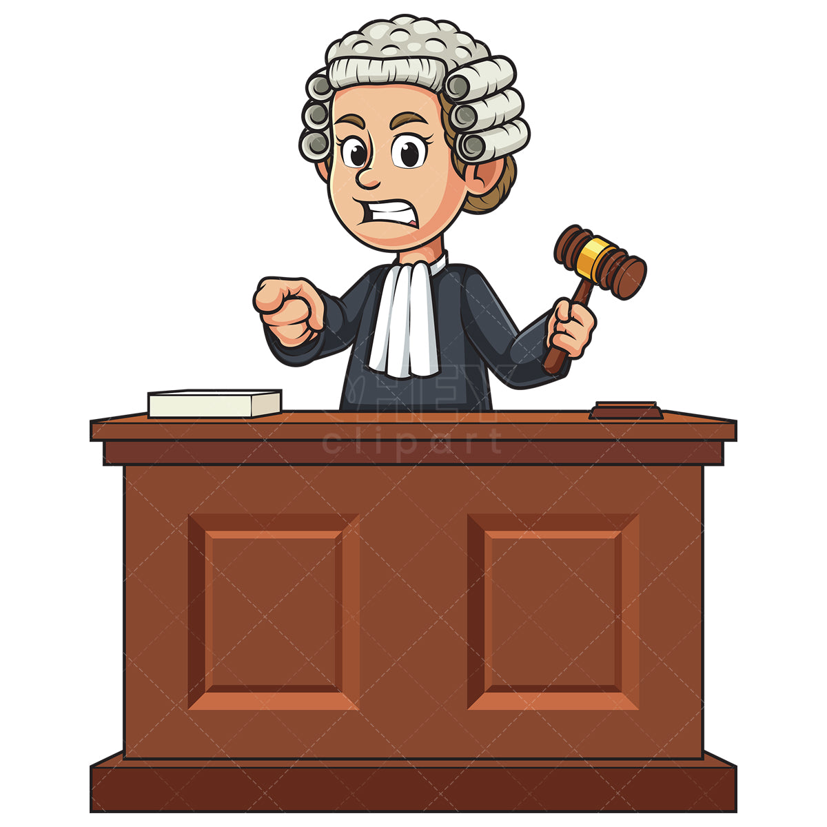 Royalty-free stock vector illustration of a female judge pointing angrily while holding gavel.