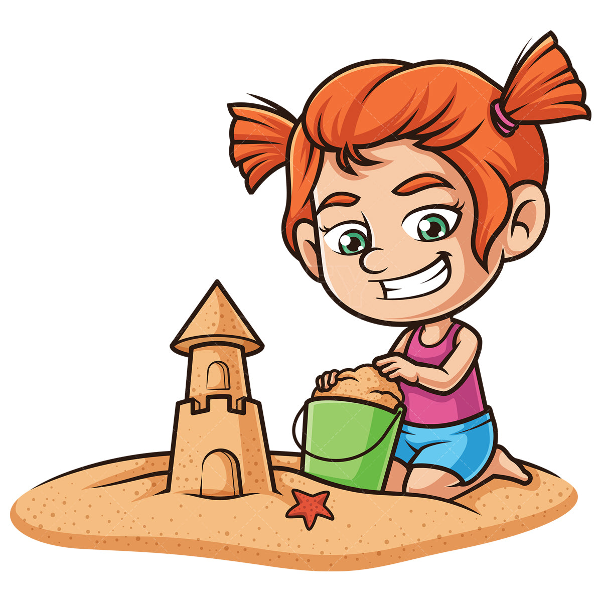 Royalty-free stock vector illustration of a ginger girl building sandcastle.