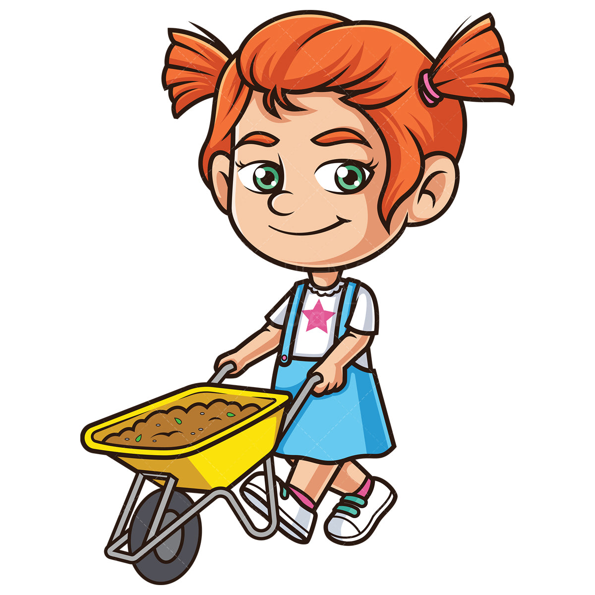 Royalty-free stock vector illustration of a ginger girl carrying dirt with wheelbarrow.