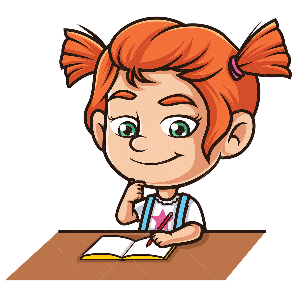 Royalty-free stock vector illustration of a ginger girl doing homework.