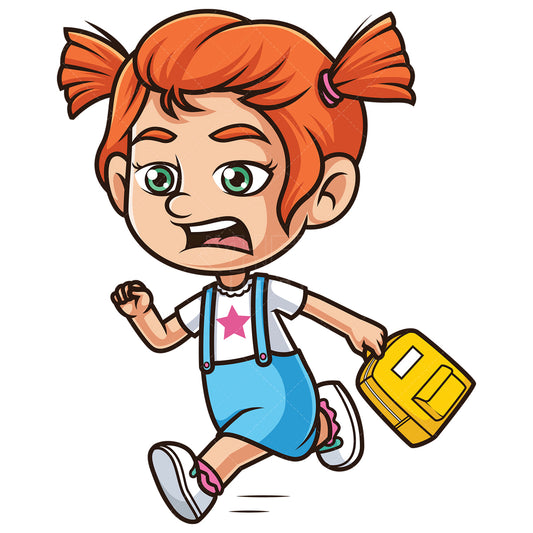 Royalty-free stock vector illustration of a ginger girl running late for school.