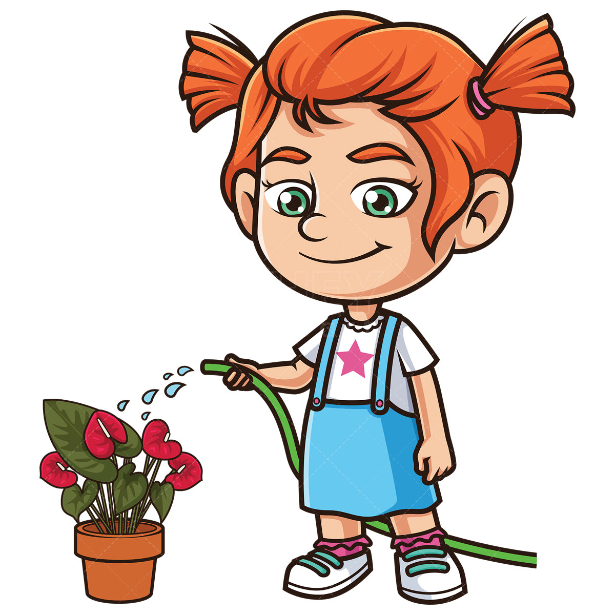 Royalty-free stock vector illustration of a ginger girl watering flower.