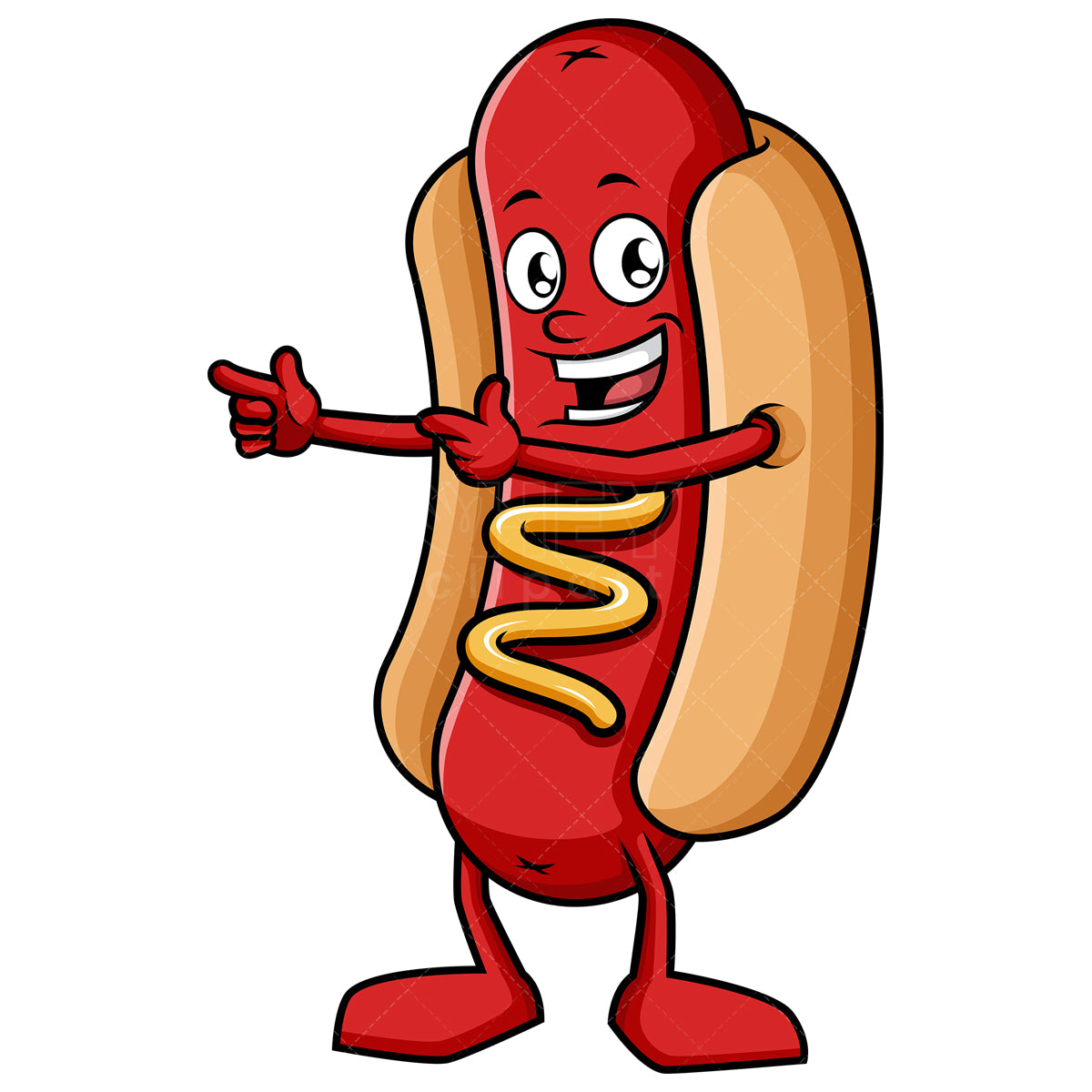 Royalty-free stock vector illustration of a hot dog pointing to the side.