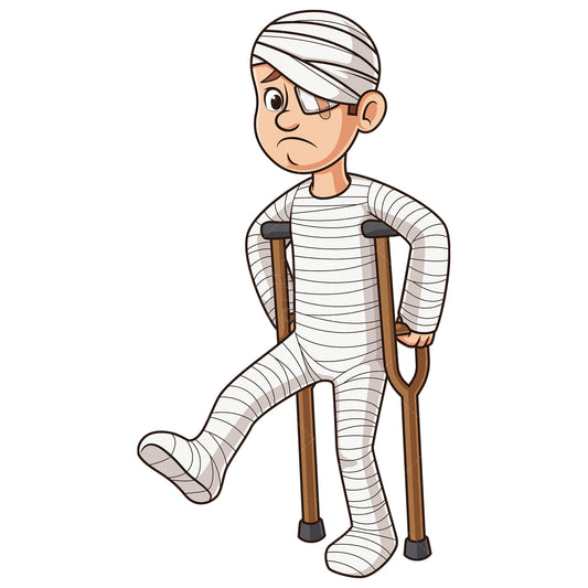 Royalty-free stock vector illustration of a injured caucasian man in body cast.