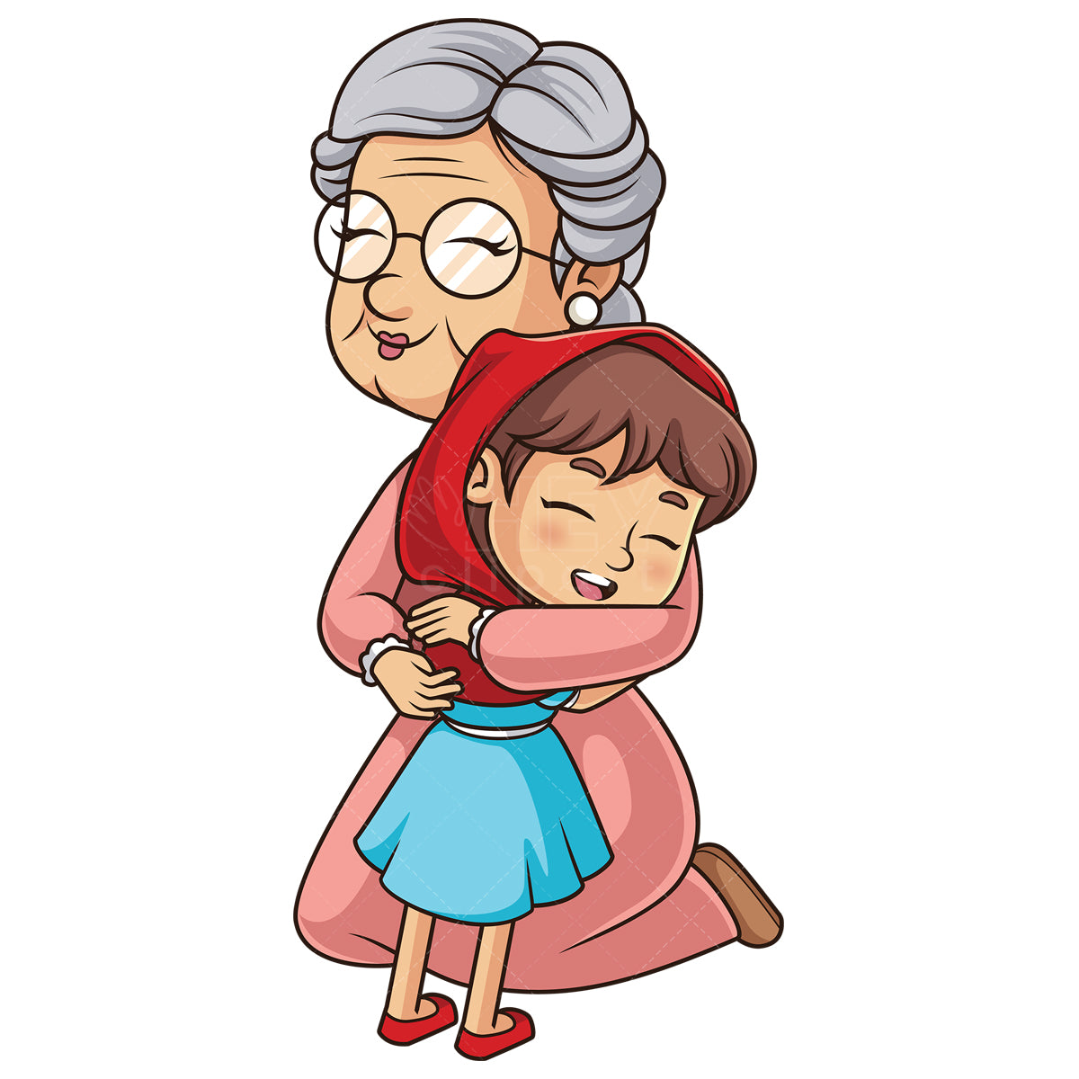 Royalty-free stock vector illustration of little red riding hood hugging her grandmother.