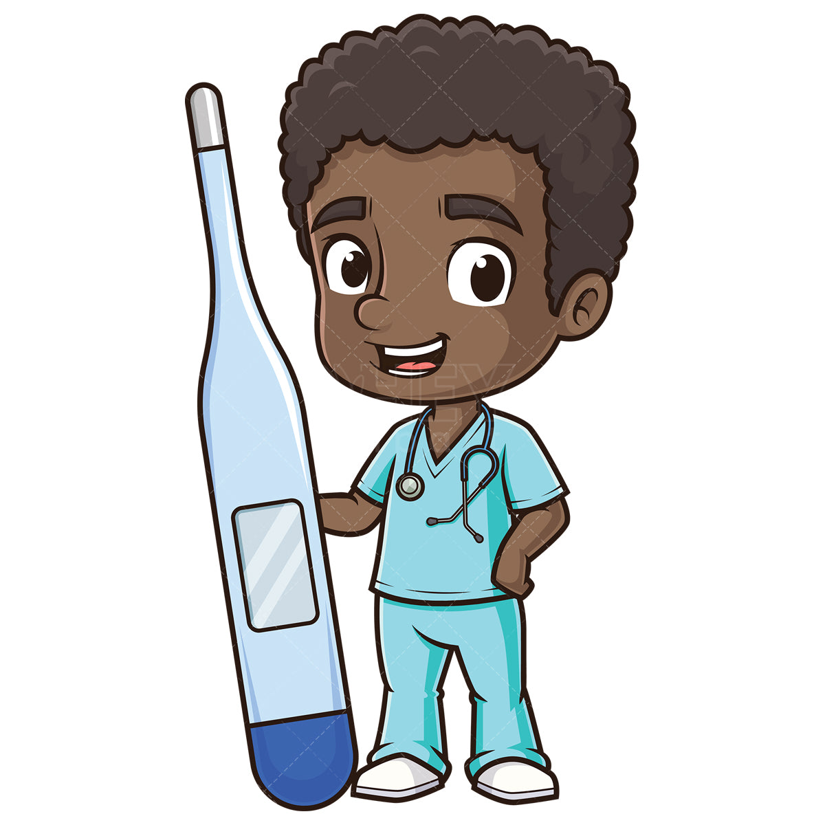 Royalty-free stock vector illustration of a male african-american nurse holding thermometer.