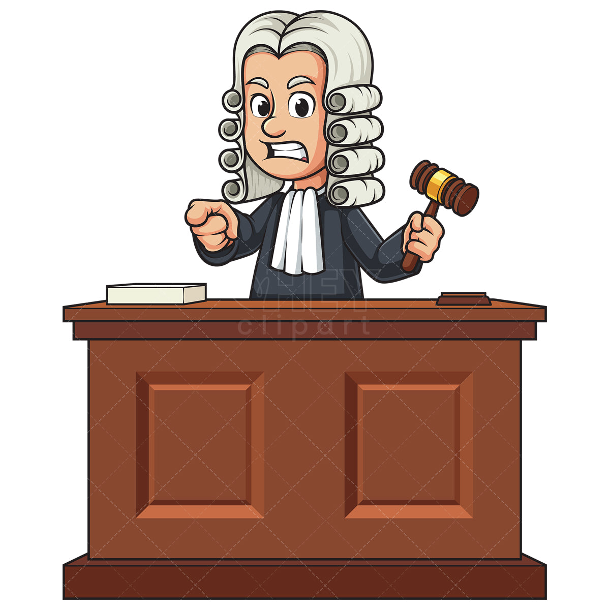 Royalty-free stock vector illustration of a male judge pointing angrily while holding gavel.