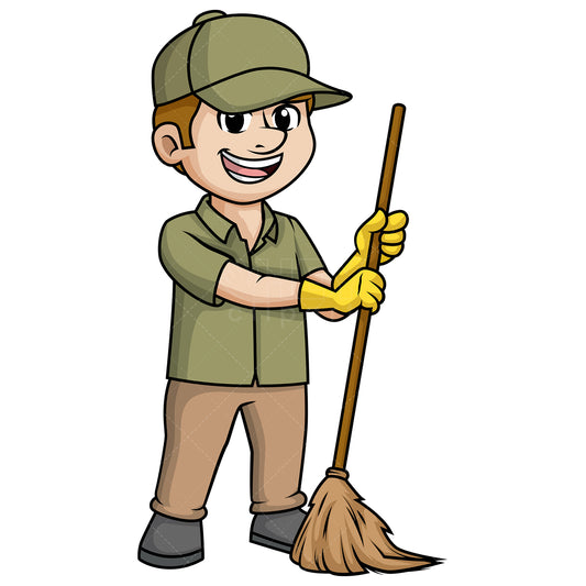 Royalty-free stock vector illustration of a man sweeping the floor with broom.