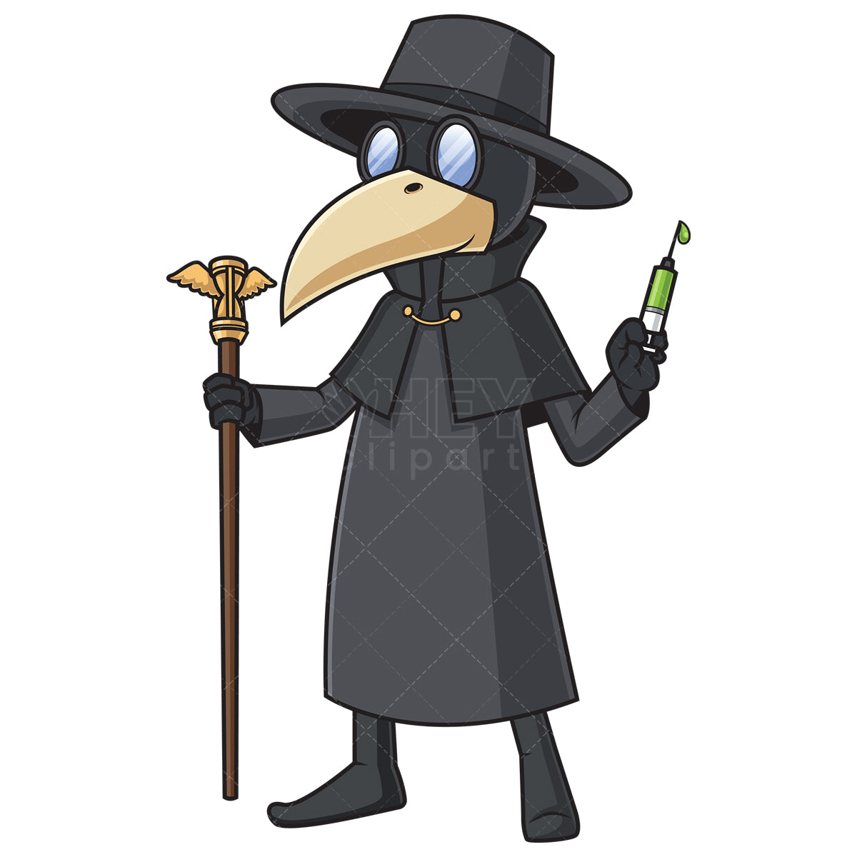 Royalty-free stock vector illustration of a plague doctor holding syringe.