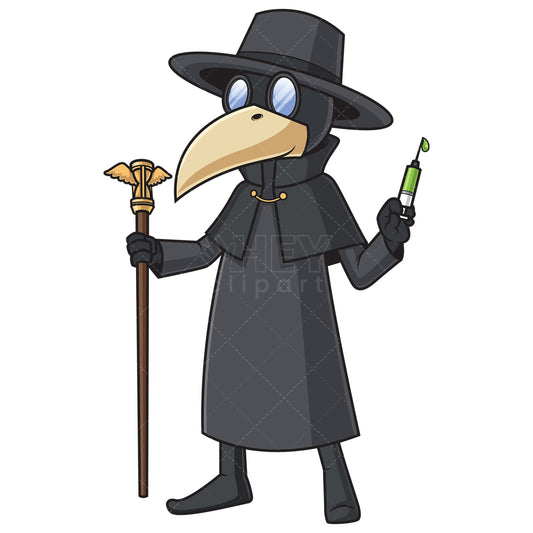 Royalty-free stock vector illustration of a plague doctor holding syringe.