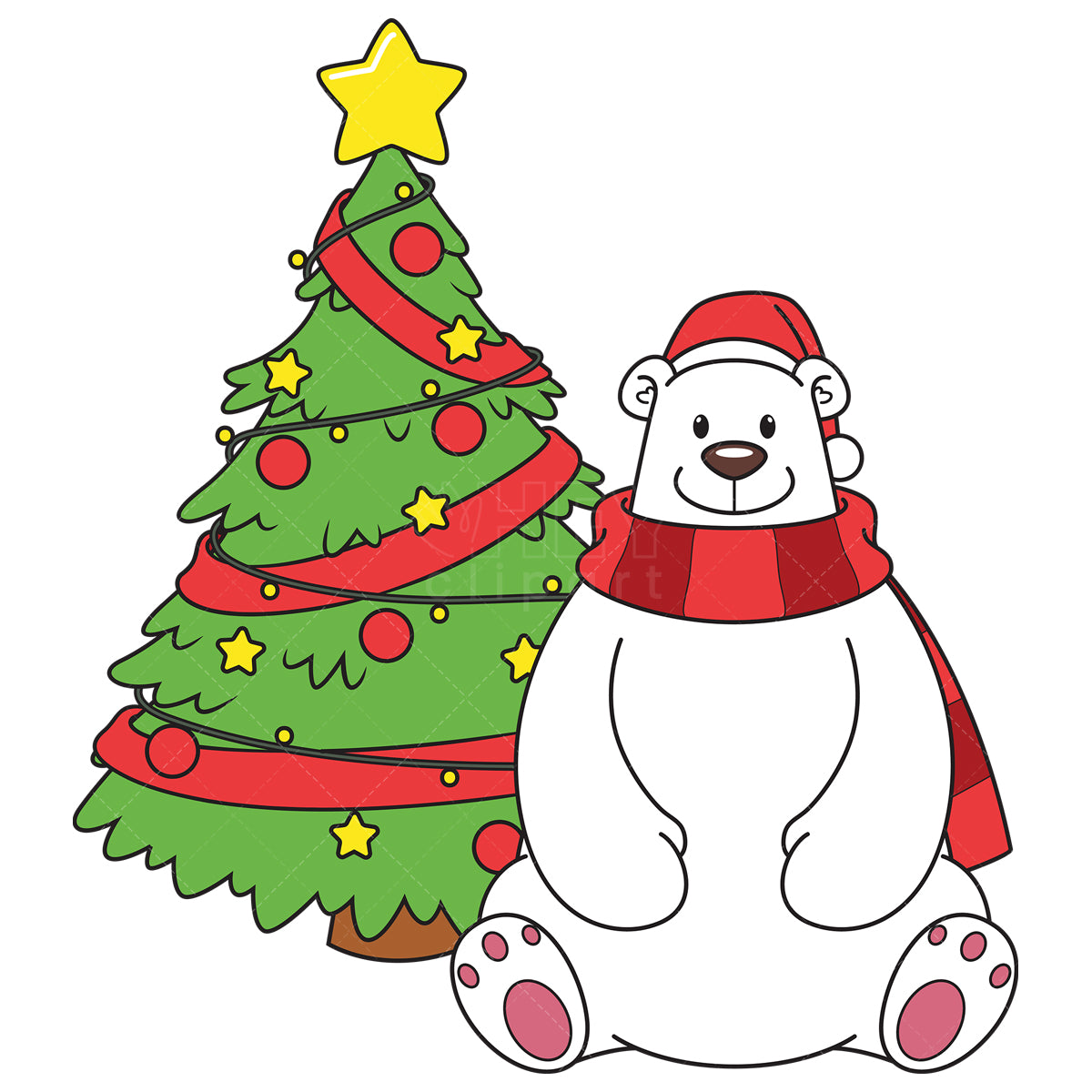 Royalty-free vector illustration of a polar bear sitting near christmas tree.