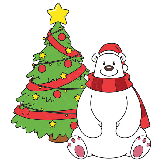 Royalty-free vector illustration of a polar bear sitting near christmas tree.