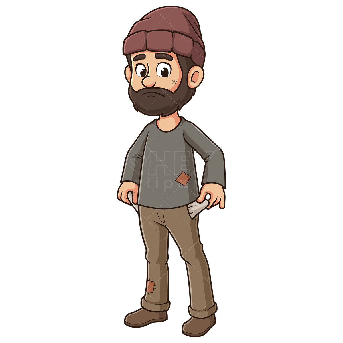 Royalty-free stock vector illustration of a poor man with empty pockets.