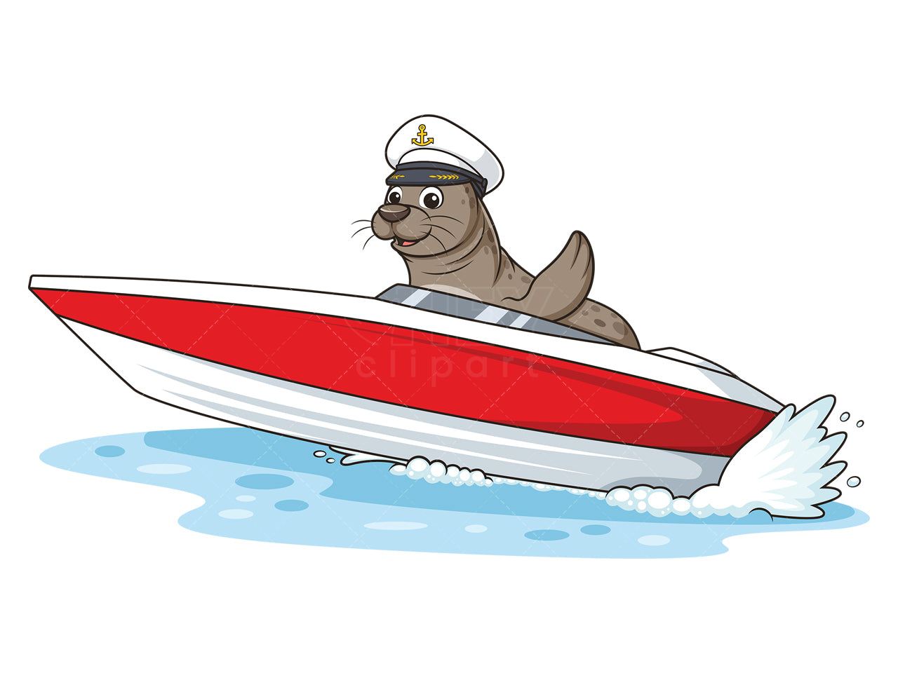 Royalty-free stock vector illustration of a sea lion on speed boat.