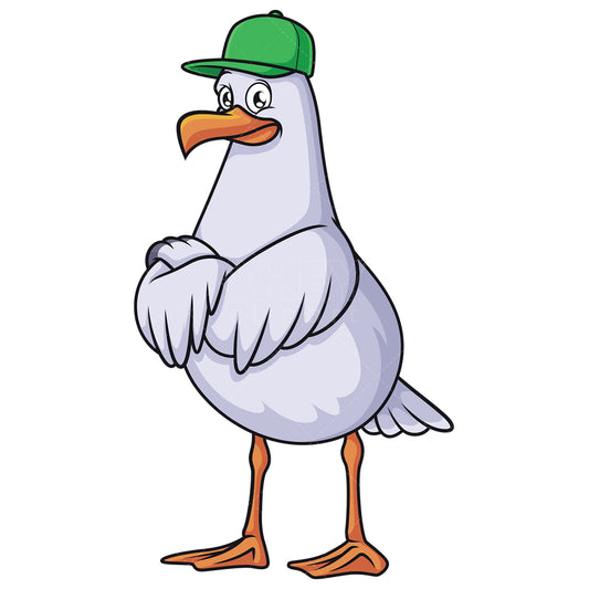 Royalty-free stock vector illustration of a seagull wearing cap hat.