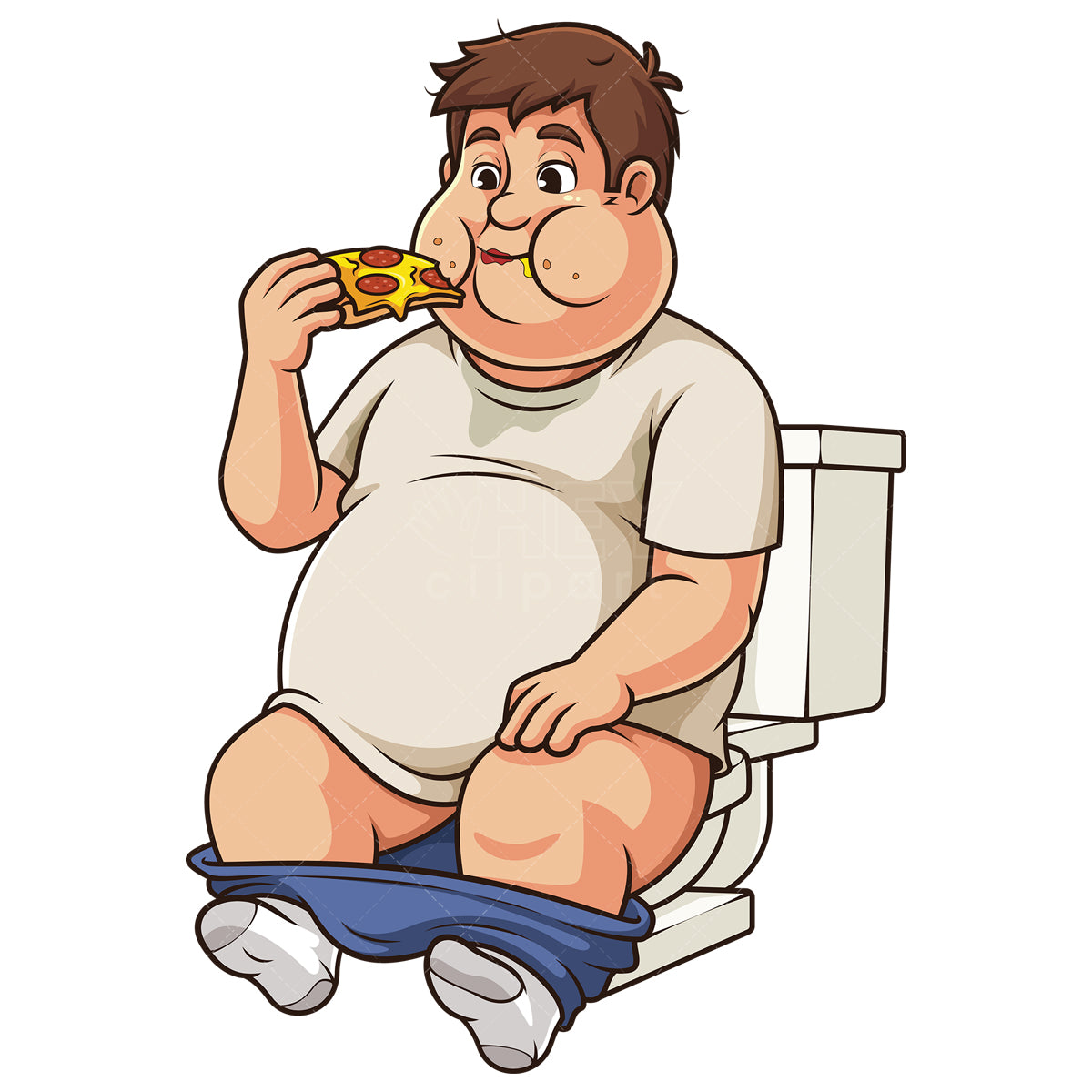 Royalty-free stock vector illustration of a sloppy man eating pizza while sitting on a toilet.