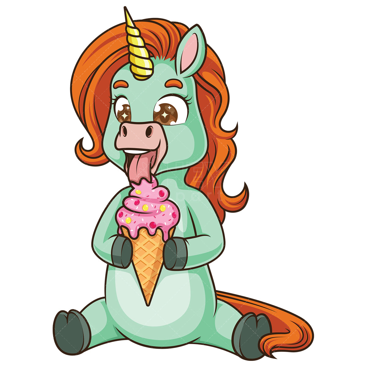 Royalty-free stock vector illustration of a unicorn eating ice cream.