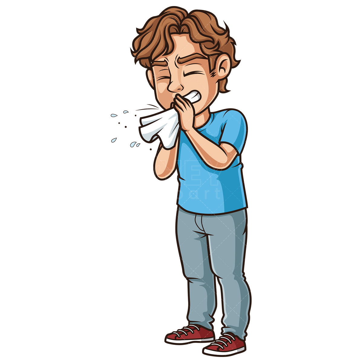 Royalty-free stock vector illustration of a young man sneezing.