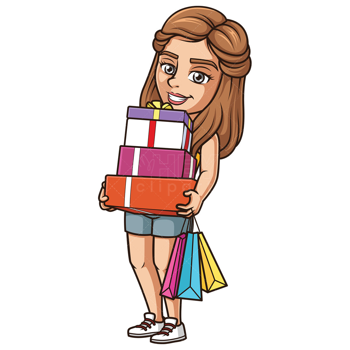 Royalty-free stock vector illustration of a young woman shopping gifts.