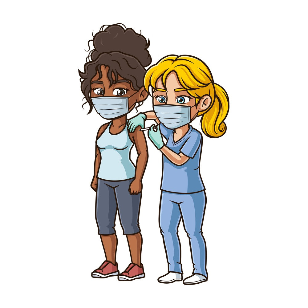Black woman getting covid-19 vaccine. PNG - JPG and vector EPS (infinitely scalable).