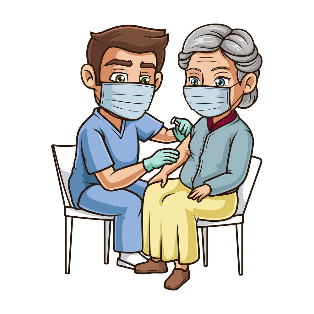 Old woman getting vaccinated covid-19. PNG - JPG and vector EPS (infinitely scalable).