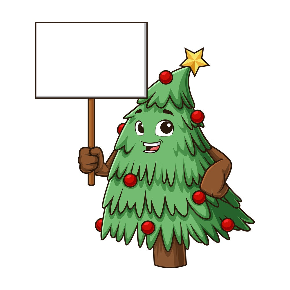Christmas tree holding blank sign. PNG - JPG and vector EPS (infinitely scalable).