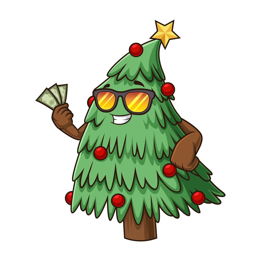 Christmas tree holding money. PNG - JPG and vector EPS (infinitely scalable).