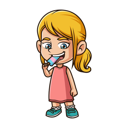 Caucasian girl eating ice cream. PNG - JPG and vector EPS (infinitely scalable).