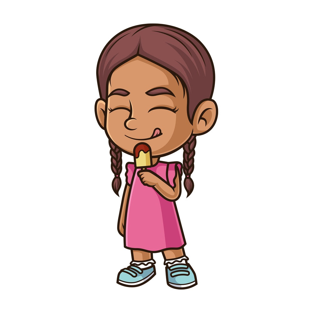 Hispanic girl eating ice cream. PNG - JPG and vector EPS (infinitely scalable).