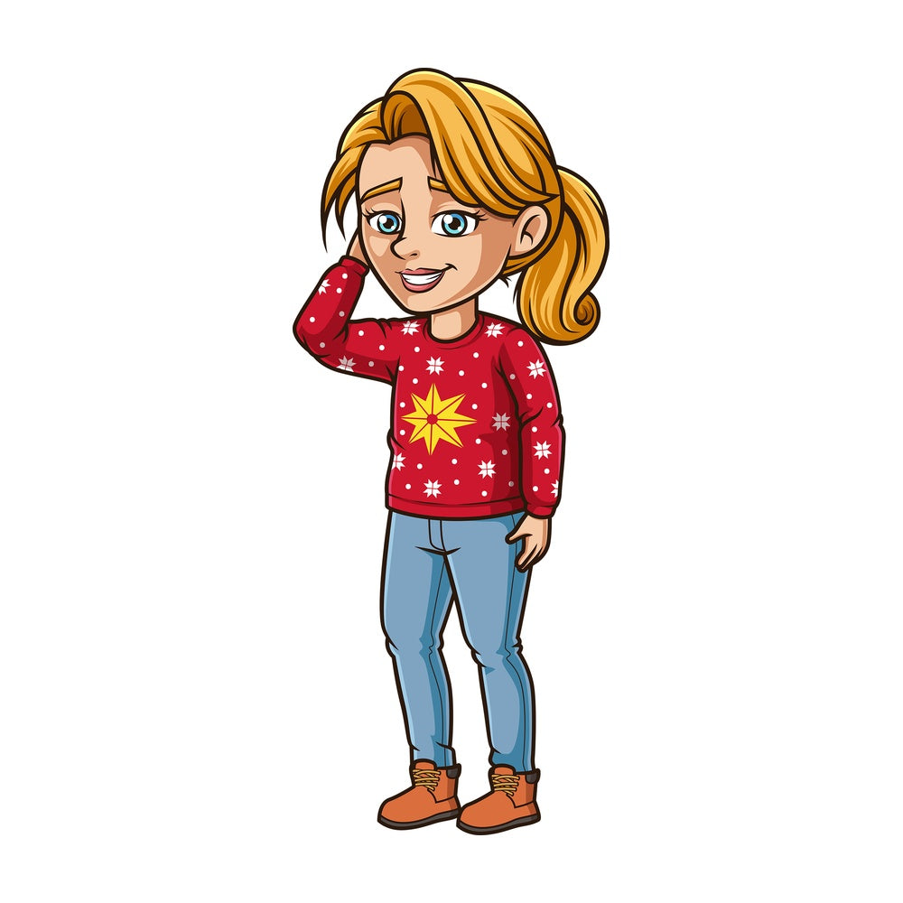 Woman wearing ugly christmas sweater. PNG - JPG and vector EPS (infinitely scalable).